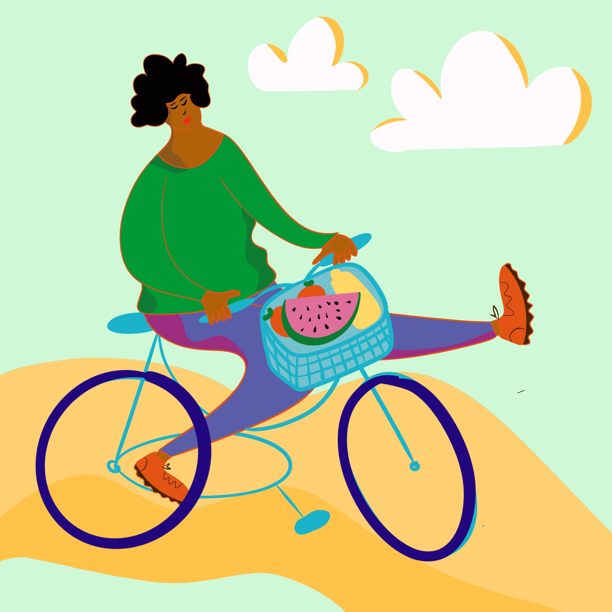 Illustration showing a woman riding joyfully on her bike