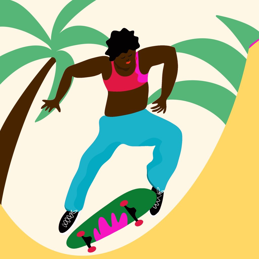Illustration showing a woman skating in front of palm trees